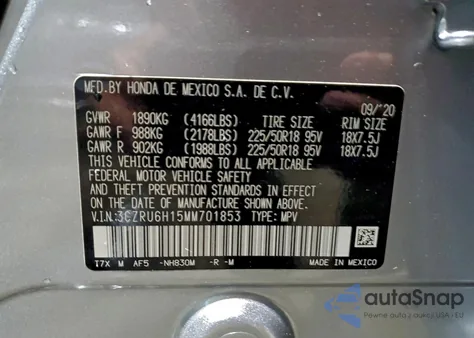 2021 Honda Hr-V Sport z USA, uszkodzony, nr VIN 3CZRU6H15MM701853